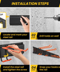 Installation steps of Garage Wall Mount Tool Organizer With Heavy Duty Hooks 48 Inch Steel Yard And Garden Tool Holder Holds Up To 450 Lbs
