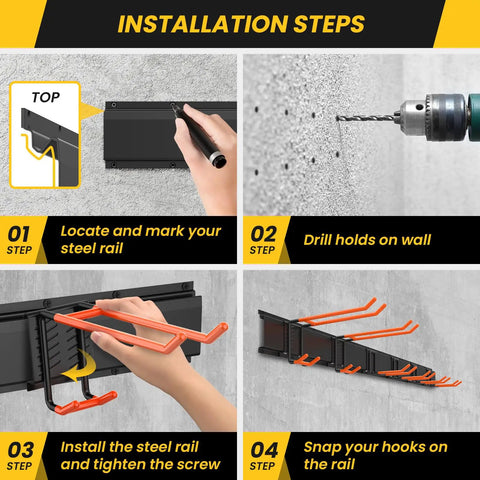 Installation steps of Garage Wall Mount Tool Organizer With Heavy Duty Hooks 48 Inch Steel Yard And Garden Tool Holder Holds Up To 450 Lbs