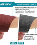 Close-up of 65 Piece Sandpaper Kit for Wood and Metal Finishing, showing two sheets with electro-coated technology and kraft paper backing.