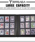 Open Beast 9 Pocket Top Loader Binder For 3x4 Cards showing filled card slots, holds up to 360 top loaders, waterproof PU leather