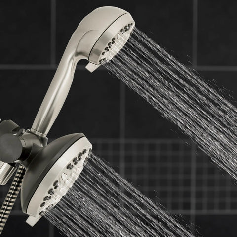 12-Mode 2-In-1 Dual Shower Head System with 5-Foot Hose and PowerPulse Therapeutic Massage Brushed Nickel Finish Easy Install