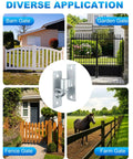 Heavy Duty Five Eighth Inch Wall Mount Gate Hinges Four Piece Set For Farm Fences, Galvanized Steel Gate Hardware Built Tough With Rust Resistant Build, Easy Install For Barn Gates And Chain Link Gates. shown with barn, garden, fence, and farm gates