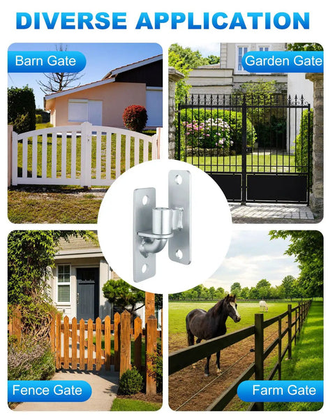 Heavy Duty Five Eighth Inch Wall Mount Gate Hinges Four Piece Set For Farm Fences, Galvanized Steel Gate Hardware Built Tough With Rust Resistant Build, Easy Install For Barn Gates And Chain Link Gates. shown with barn, garden, fence, and farm gates
