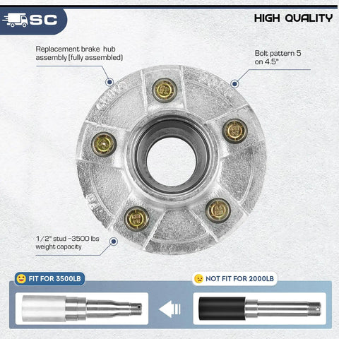 Trailer Wheel Idler Hub Kit 5 Hole 4.5 Inch Bolt Idler Hub For 3500 Lb Trailer Axles Fit One And One Sixteenth Inch To One And Three Eighths Inch Tapered Shaft Heavy Duty Hot Dip Galvanized Set Of Two Not For Straight Shaft, front view with labels