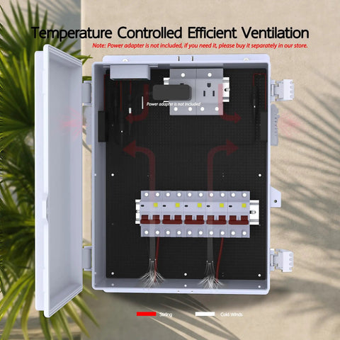 Open view of an Outdoor Waterproof Electrical Box IP65 ABS Plastic Enclosure with Fan and Thermostat, showing interior layout.
