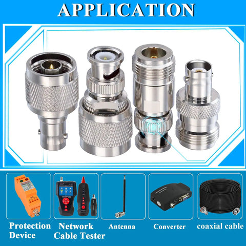 4 Pack N To BNC Coax Adapters Kit Male To Female And Female To Male for RF projects, showcasing four metal connectors.