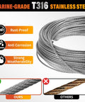Marine Grade T316 Stainless Steel Wire Rope Cable for Deck Railing System Kit, 100 ft length, rust resistant and anti-corrosion.