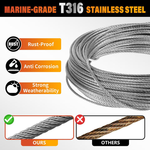 Marine Grade T316 Stainless Steel Wire Rope Cable for Deck Railing System Kit, 100 ft length, rust resistant and anti-corrosion.