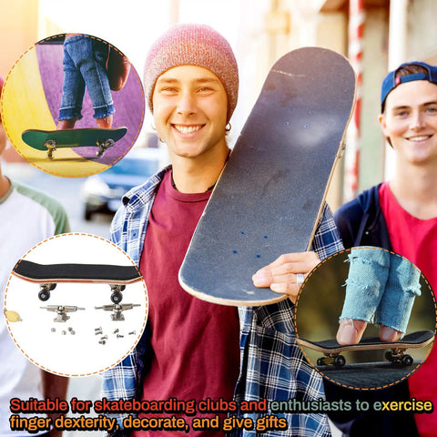 Young skater holding skateboard with Six Sets DIY Fingerboard Kit With 24 Wheels 12 Brackets 54 Screws 30 Nuts And 6 Screwdrivers