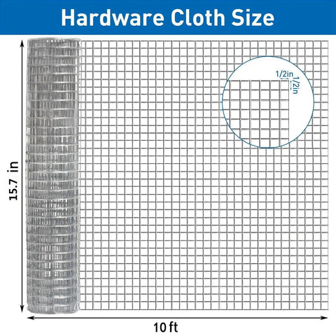 Rock Solid Galvanized Hardware Cloth 1/2 Inch Chicken Wire Fence 15.7 X 10 Feet showing size and grid details for secure enclosures.