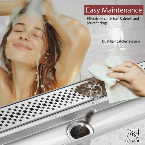 Heavy Duty Linear Shower Drain In Brushed Nickel With No Sweat Fast Flow Design And Sleek Modern Finish Perfect For Bathrooms Garages And Kitchens Featuring Top Notch Water Evacuation And Easy Cleanup, shown with hair catcher.