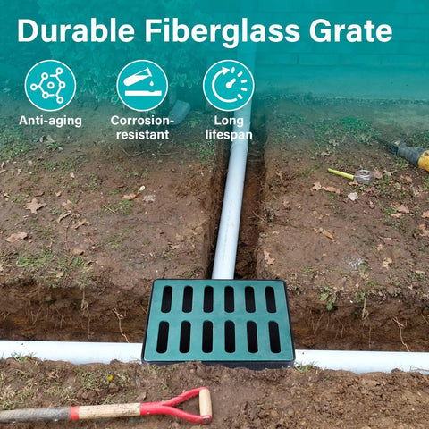 Heavy Duty Drain Catch Basin With Debris Basket And Fiberglass Grate For Yard Lawn Patio Gutter Downspout Outdoor Drainage Box installed