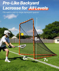 Foldable 6x6 Lacrosse Goal With Portable Steel Frame For Backyard Practice Quick Snap Lock Setup Easy Foldaway Design Ideal Training Net For Kids Teens And Adults Durable Orange in use with player in white uniform on grass field