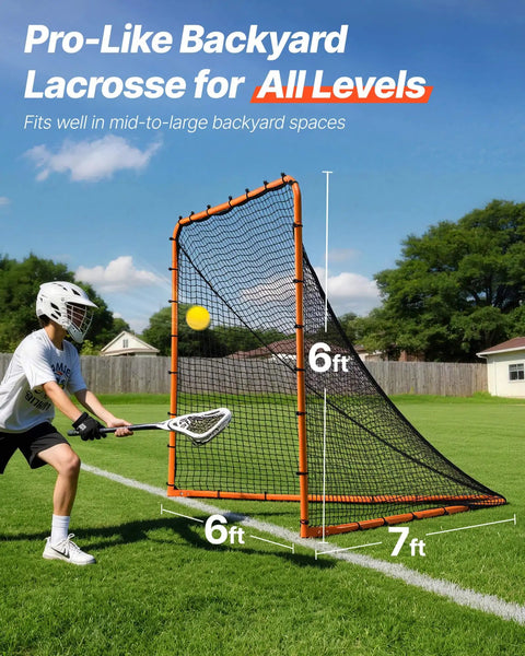 Foldable 6x6 Lacrosse Goal With Portable Steel Frame For Backyard Practice Quick Snap Lock Setup Easy Foldaway Design Ideal Training Net For Kids Teens And Adults Durable Orange in use with player in white uniform on grass field