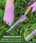 5 In 1 Garden Weed Trowel With Serrated Edges And Measuring Scale Stainless Steel Multi Tool For Planting Digging Weeding And Dandelion Removal Ergonomic Grip Hand Tool For Quick Cut And Pull in use cutting weeds.