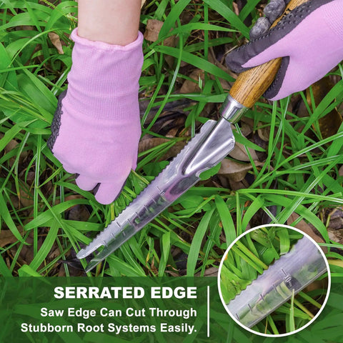 5 In 1 Garden Weed Trowel With Serrated Edges And Measuring Scale Stainless Steel Multi Tool For Planting Digging Weeding And Dandelion Removal Ergonomic Grip Hand Tool For Quick Cut And Pull in use cutting weeds.