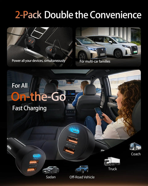 Two Pack 70W USB C Car Charger With 3 Ports PD QC Fast Charge installed in car showing USB ports and passenger using phone