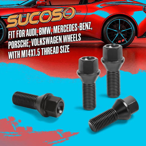 Premium Grade Heavy Duty 14x1.5 Conical Seat Oem Replacement Lug Bolts For Bmw Audi Vw, M14x1.5 thread, black finish.