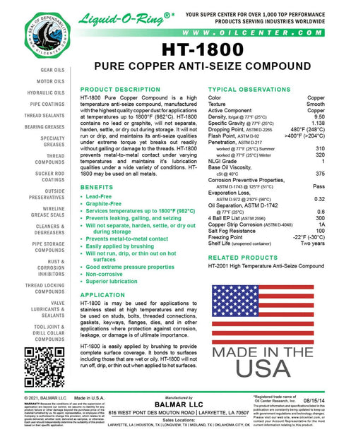 Front view of HT-1800 Pure Copper Anti-Seize Compound label by Liquid-O-Ring; 8 oz brush-top can, USA-made