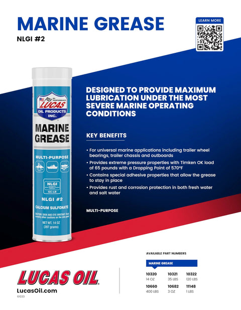 Front view of Lucas Oil Marine Grease 14 oz can with blue label and NLGI #2 calcium sulfonate.