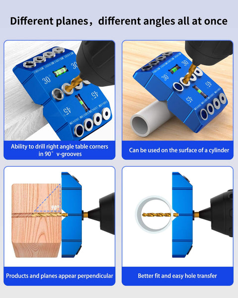 Aluminum Angle Drill Guide Jig With 30 45 90 Degree Settings shown with drill on wood and PVC for precise woodworking