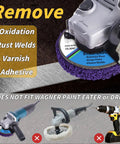 Close-up of a strip disc attached to an angle grinder, part of Fifteen Pack Strip Discs For Angle Grinders Four And A Half Inch By Seven Eighths Inch Paint Stripping And Rust Removal Wheels Abrasive Discs For Metal Wood And Fiberglass Bulk Set For Smooth Finish And Quick Debris Removal.