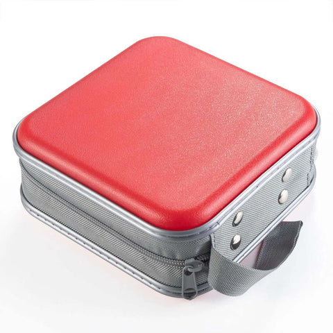 Slick Hard Plastic CD Case With Secure Slim Zipper Stores Forty Eight Discs Waterproof And Tough As Nails in red with grey accents.