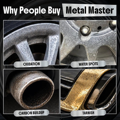 Image showing oxidation, water spots, carbon buildup, and tarnish on metals highlighting why use Metal Polish Kit With Applicator Pad That Restores Boss Shine And Removes Oxidation On Chrome Aluminum And Stainless Steel With Ceramic And Carnauba Protection Metal Cleaner And Polish Eight Point Four Ounce.