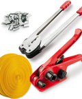 Heavy Duty Full Set Pallet Strapping Kit With Poly Strap Tensioner And Band Sealer Half By Four Thousand Inch Polypropylene Roll Plus One Hundred Metal Seals, includes tools and poly strap.