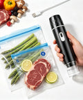 Compact Handheld Vacuum Sealer For Food Storage And Meal Prep shown with 10 Reusable Bags and fresh ingredients