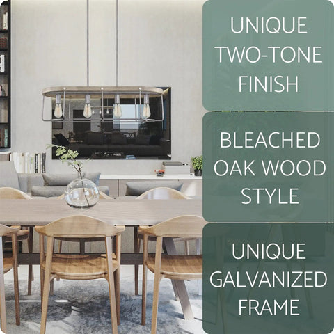 34 Inch Four Light Modern Farmhouse Kitchen Island Light with Linear Oval Metal Frame in Bleached Oak and Galvanized Steel Finish