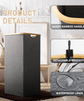 105 Liter Large Laundry Hamper With Handles, Collapsible Gray Laundry Baskets For Bedroom, Bathroom, And Laundry Room, Tall Design, Durable 2 Pack For Easy Sorting And Quick Cleanup showing bamboo handles, detachable brackets, and waterproof linen
