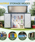 Outdoor Trash Can Storage Shed 6x3 Ft Metal Garbage Bin Enclosure open lid showing tools and double doors, garden setting