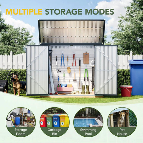 Outdoor Trash Can Storage Shed 6x3 Ft Metal Garbage Bin Enclosure open lid showing tools and double doors, garden setting