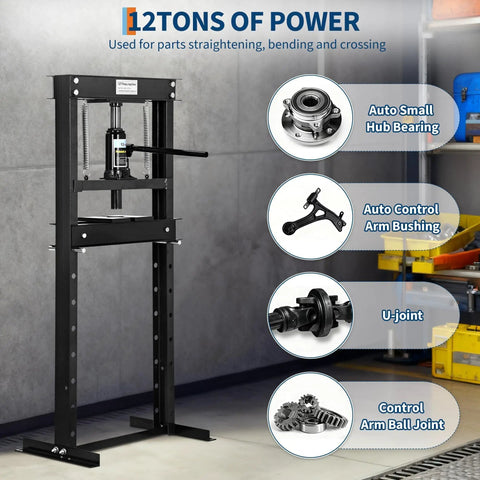 Tough As Nails 12 Ton Hydraulic Shop Press Solid H Frame Garage Wrenching Rig with adjustable work plate for part straightening.