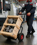 Heavy Duty Steel Hand Truck With Wheels Folding Utility Cart For Moving Furniture And Appliances Boxes And Warehouse Or Office Use Portable Dolly For Easy Transport And Back Saving Load Handling Workhorse, loaded with wooden crate