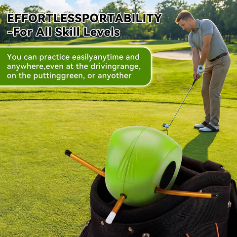 Connector Golf Training Aid for Posture Correction next to golfer on putting green with golf bag