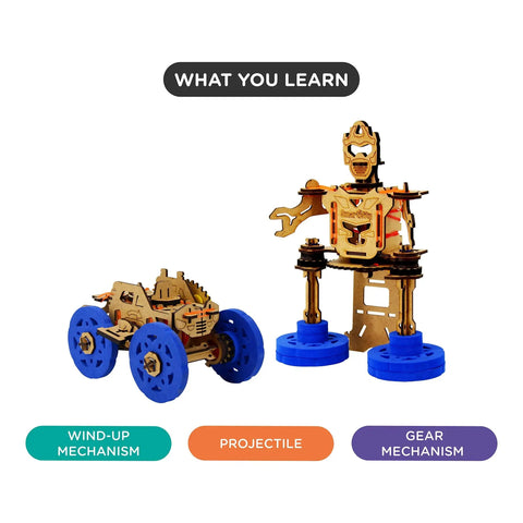 2 In 1 Rover Bot STEM Kit Turns A Car Into A Robot For Kids 6 Plus A Fun Hands On Educational Construction Toy With Gear Mechanisms Wind Up Play An Ultimate Gift For Curious Builders. wind-up car and robot build with blue wheels