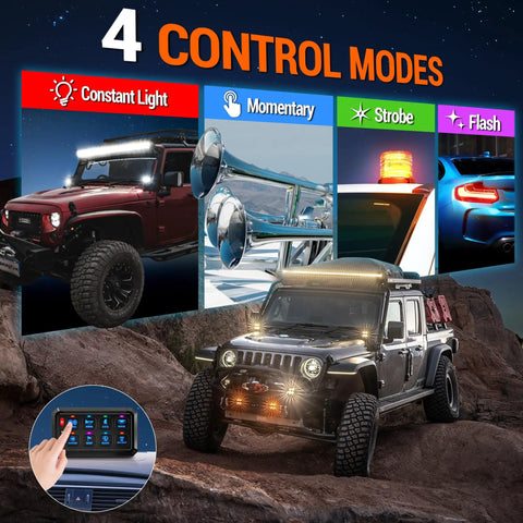Four control modes displayed for Eight Gang RGB Switch Panel For Cars Trucks Boats Marine ATVs UTVs Universal Circuit Control Relay System