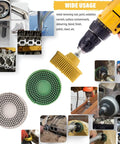 Image showcasing 2 Inch Bristle Disc Kit With Six Pieces In 50, 80, And 120 Grit For Abrasive Coating Removal From Metal With One Quarter Inch Shank Attachment Great For Engine Gasket Surfaces And Hard To Reach Areas, with visual examples of use.