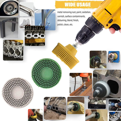 Image showcasing 2 Inch Bristle Disc Kit With Six Pieces In 50, 80, And 120 Grit For Abrasive Coating Removal From Metal With One Quarter Inch Shank Attachment Great For Engine Gasket Surfaces And Hard To Reach Areas, with visual examples of use.