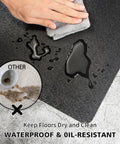 Waterproof Vinyl Floor Mat Area Rug Protector For Under Dining Table, showing oil resistance with water spills on black vinyl surface.