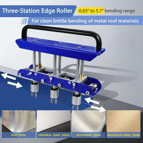 Image of the Three-Station Edge Roller for bending sheet metal at 0 to 90 degrees, pro grade bender for 29 to 22 gauge steel, delivers smooth 5/8 to 4 inch bends, ideal for metal roofing edges and DIY projects.