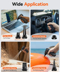 High Power Cordless Air Duster With 110000 RPM Brushless Motor used on PC, car interior, wood dust blowing, and swimming ring.
