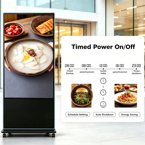 Top Shelf 65 Inch 4K UHD IPS Digital Signage Kiosk displaying food images and timed schedule for advertising use.