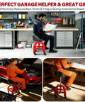 Mechanic reading on adjustable rolling shop stool with 360 degree swivel padded seat and backrest in garage workshop