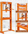 12 Ton Hydraulic Shop Press H Frame with Movable Plates and 5 Hole Adjustable Throat in orange, in an industrial setting.