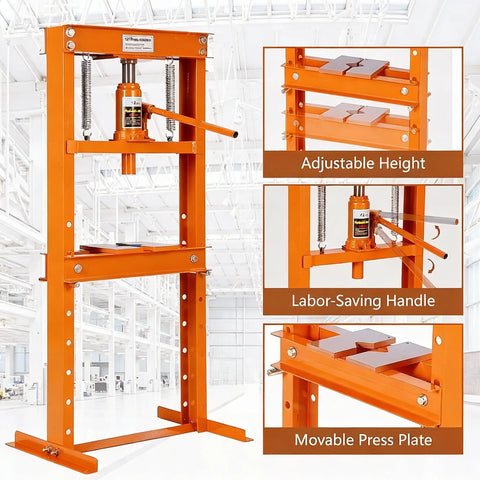 12 Ton Hydraulic Shop Press H Frame with Movable Plates and 5 Hole Adjustable Throat in orange, in an industrial setting.