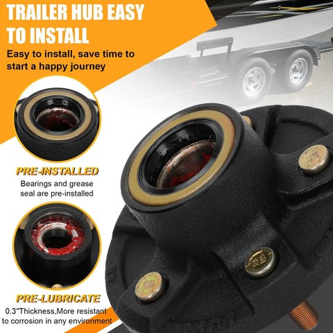 Close-up of Two Sets 3500 Lb Trailer Hub Kit With 5 Lug 4.5 Inch Bolt Pattern Pre Greased For Easy Installation Fits 1-1/16 To 1-3/8 Inch Spindles