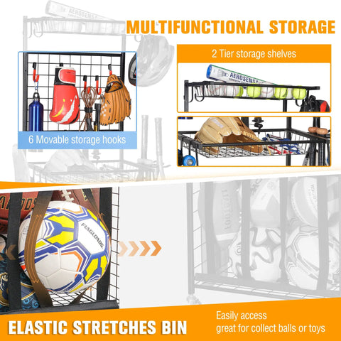 Ball Storage Rack For Garage, Ultra Handy Multi Function Sports Gear Organizer With Movable Hooks, includes side bat rack
